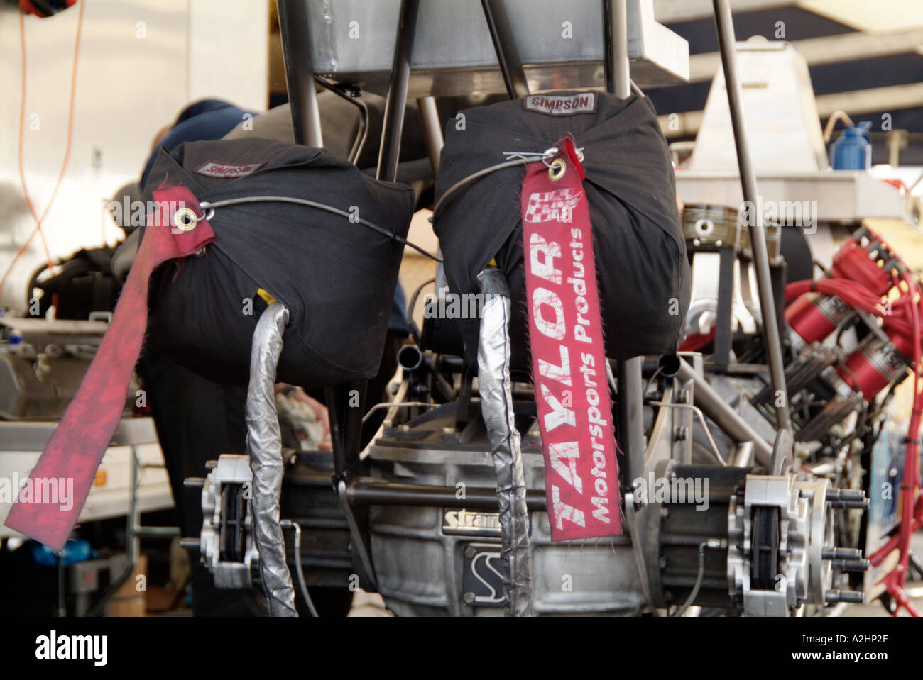 parachute packs on the back of a top fuel dragster used to slow the car down after a 300 mph race Stock Photo