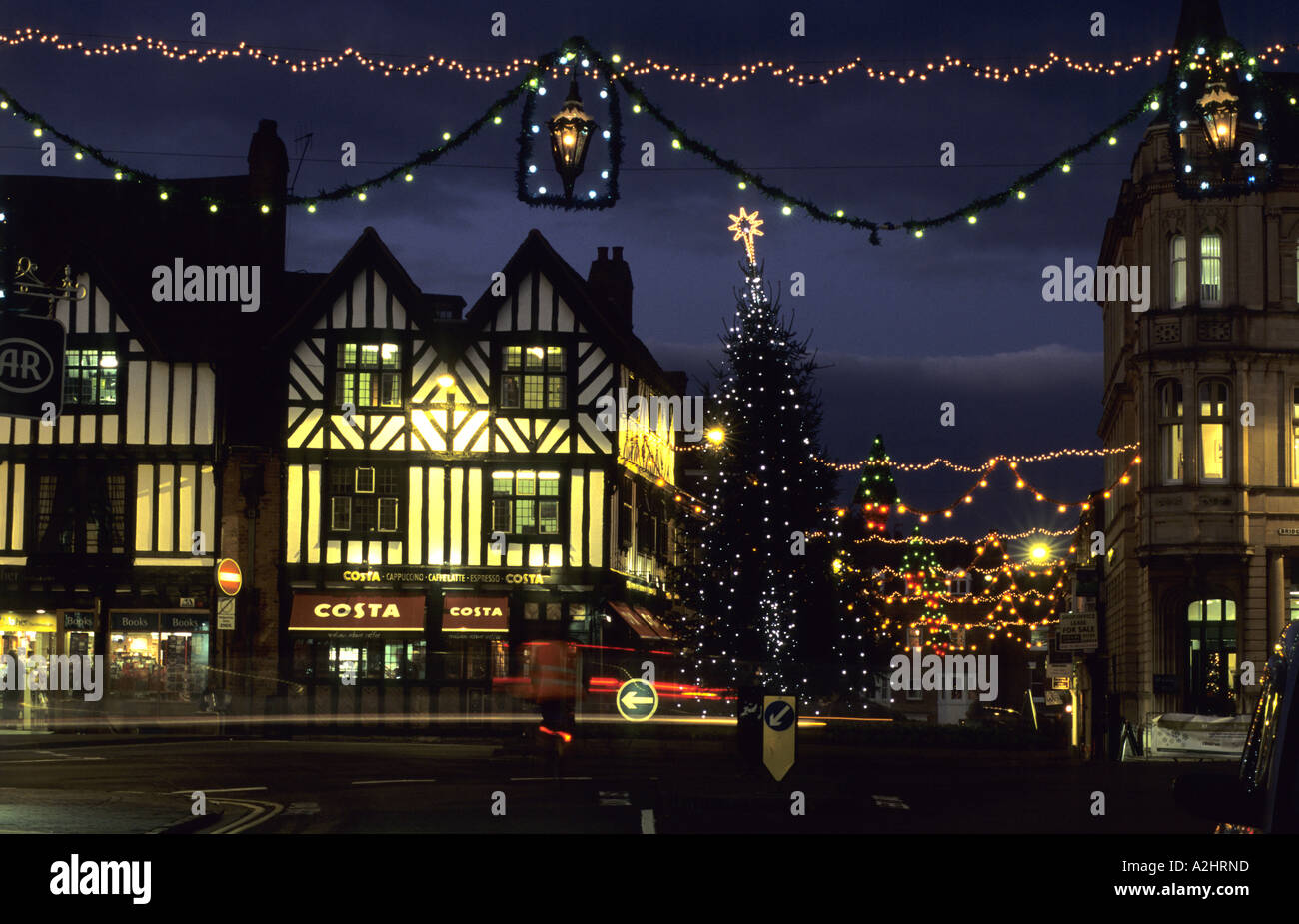 Christmas lights in Bridge Street, Stratford upon Avon, Warwickshire