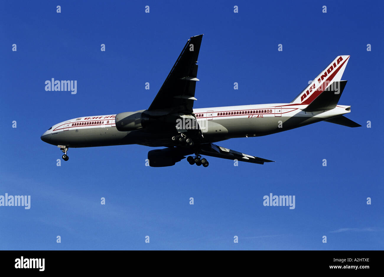 Air India Boeing 777 aircraft approaching Birmingham International Airport, West Midlands, England, UK Stock Photo