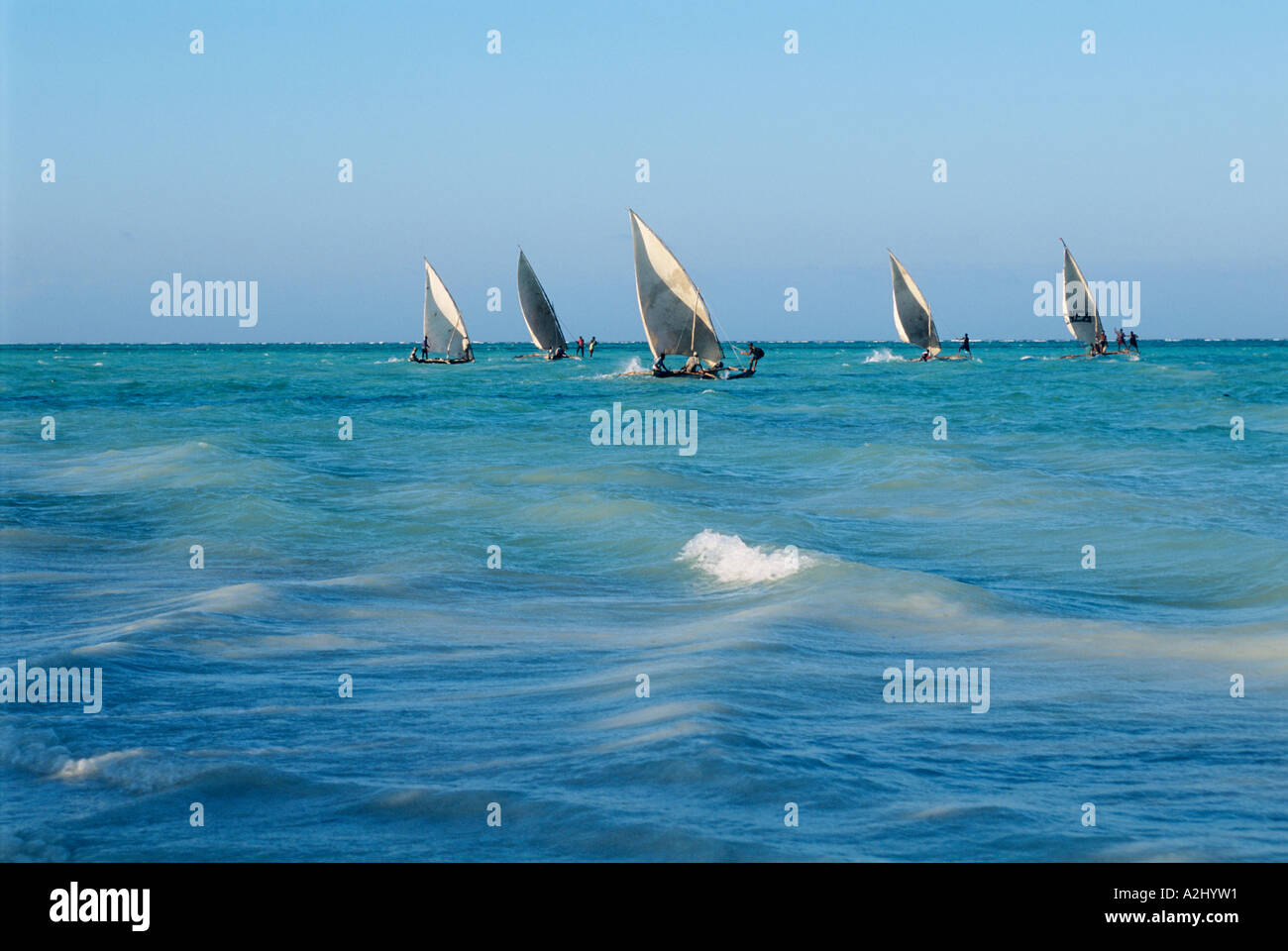 Small dhows race in Zanzibar's clear waters off Paje, on the island's east coast Stock Photo