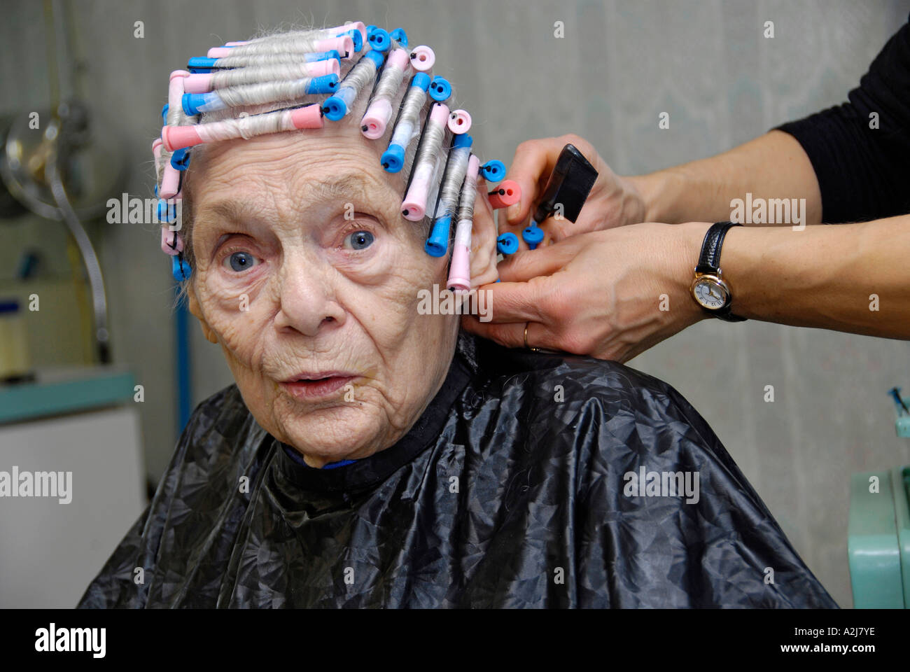 Senior elderly Woman female has hair cut shampoo color and permanent