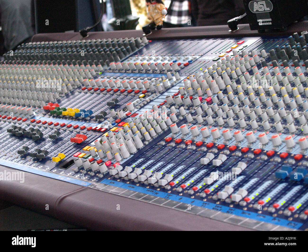 Detail of sound mixing table with colourful buttons and dials at
