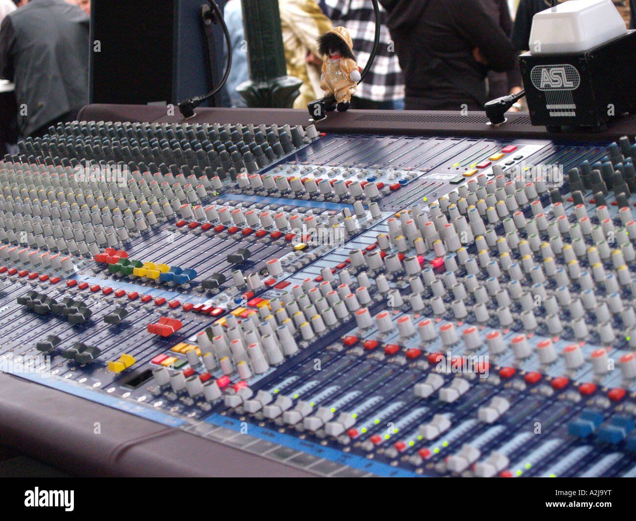 Detail of sound mixing table with colourful buttons and dials at