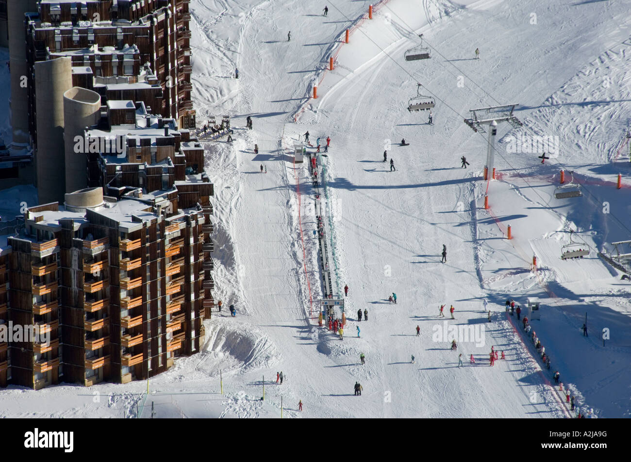Nursery slopes and apartments at Plagne Bellecote ski resort in the French tarentaise Stock