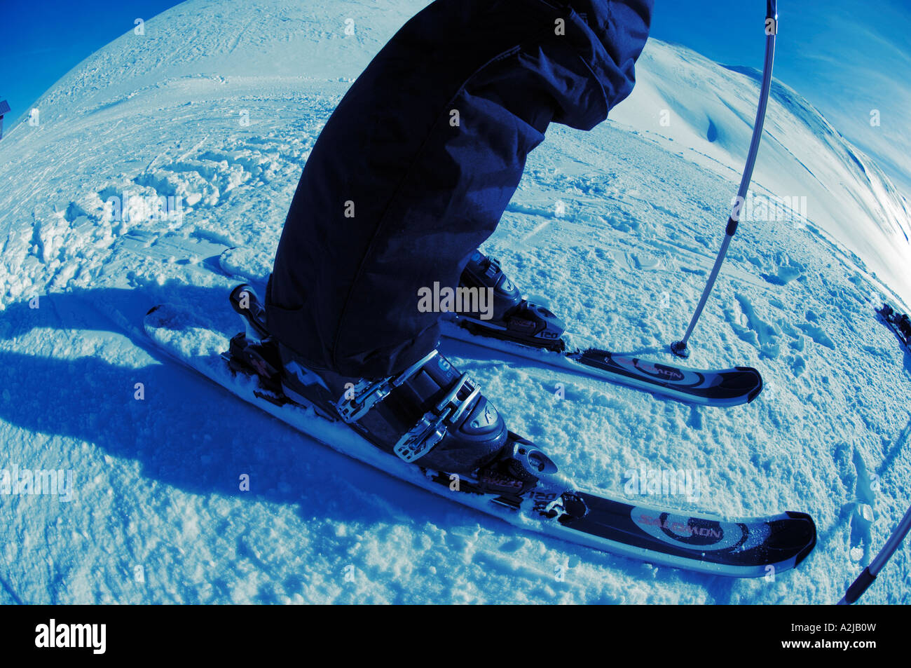 Closeup of ski bindings and short skis Stock Photo - Alamy