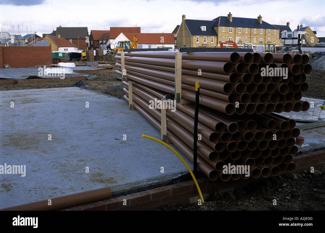 Plastic drainage pipes on a housing construction site in Ipswich