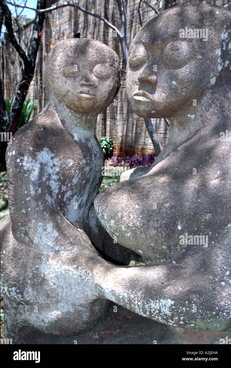 Kenya, Nairobi, Kenya National Museum, stone sculpture, mother and child, family, love Stock Photo