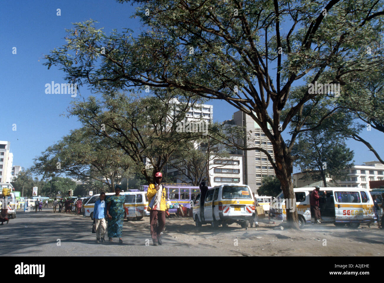 Kenya, Nairobi, matatu (taxi) stand near Nairobi railway station, urban Africa Stock Photo