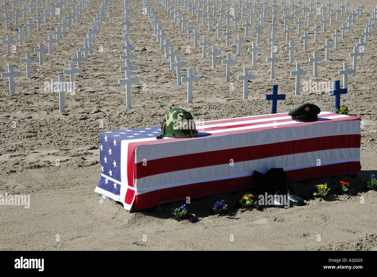 A military coffin draped in the stars and stripes flag in front of a sea of white crosses on Santa Monica beach, Los Angeles, CA Stock Photo