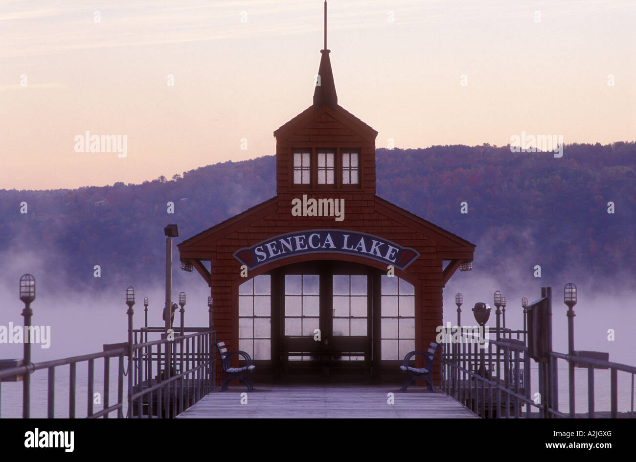 USA New York Watkins Glen Seneca Lake Boathouse for ferry service on Lake Seneca at dawn Stock