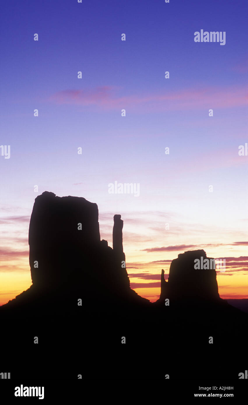 USA Arizona Monument Valley Navajo Tribal Park dawn over the Left and Right Mittens Stock Photo