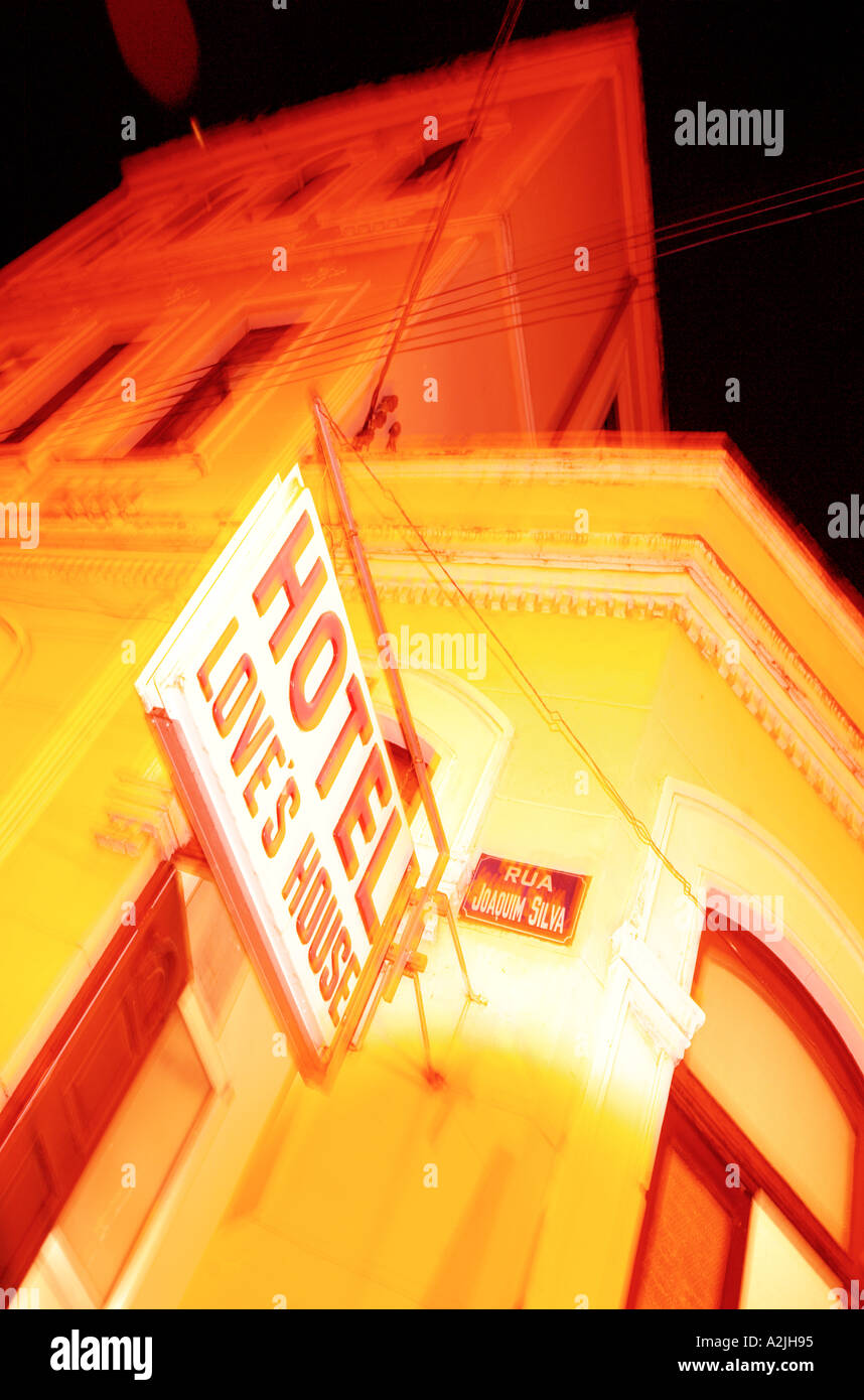 love hotel in Brazil photographed at night showing vivid colors. Stock Photo