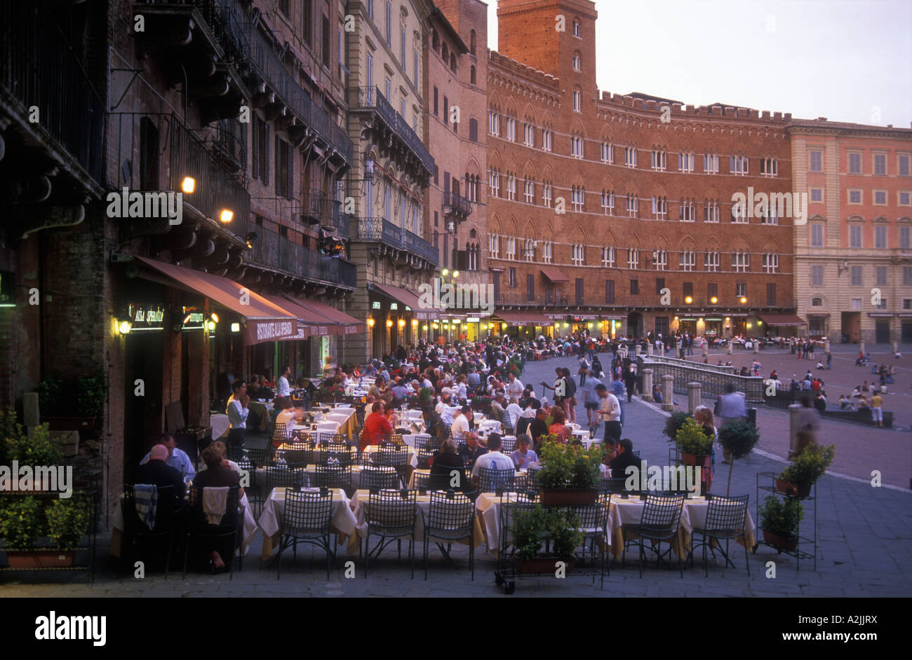 Italy Tuscany Siena Piazza del Campo Palazzo Pubblico Torre del Mangia Stock Photo