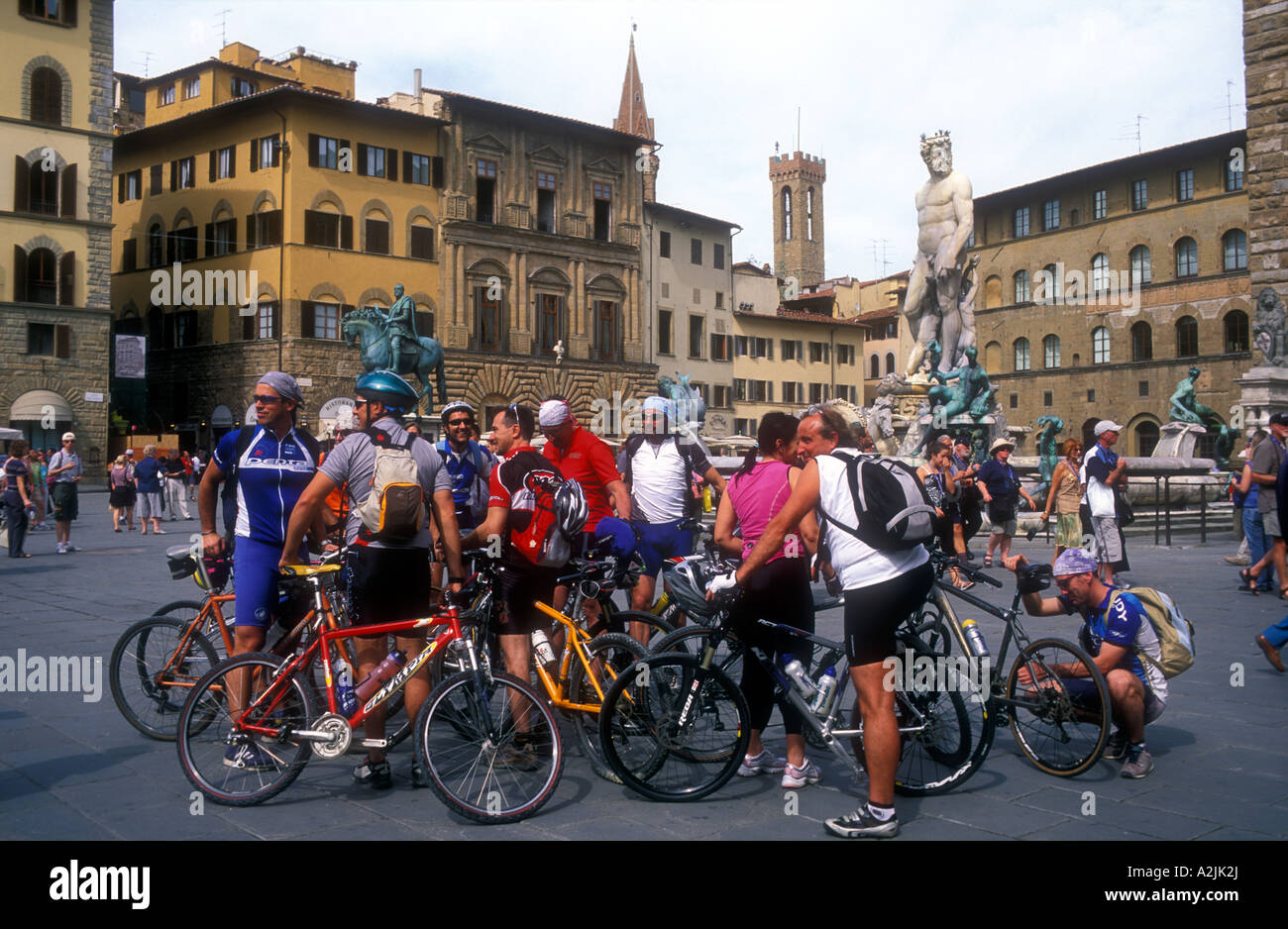 Italy Florence Tuscany group of cyclists at Piazza della Signoria Stock Photo