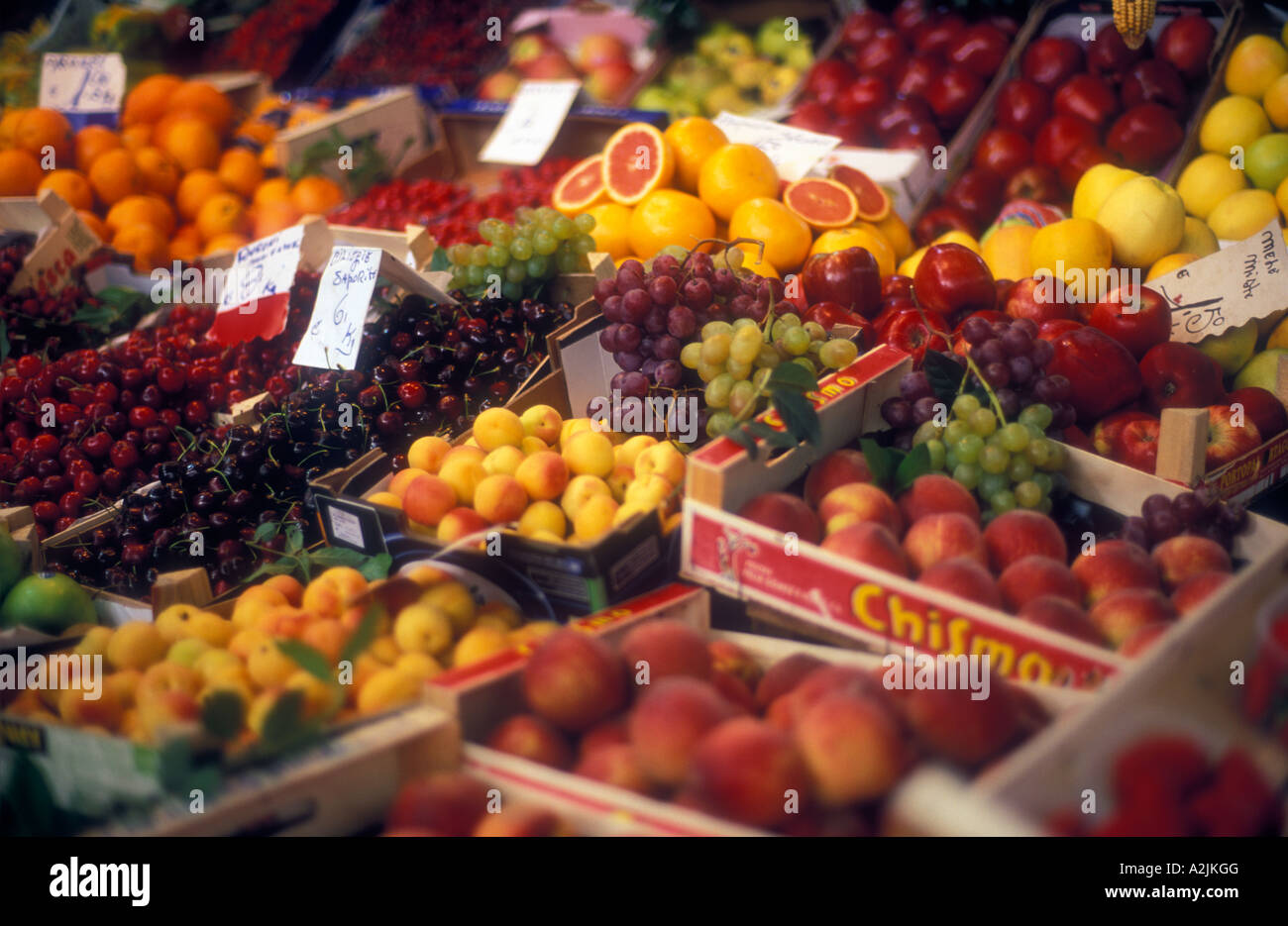 Italy Florence Mercato Centrale fresh fruits on display Stock Photo