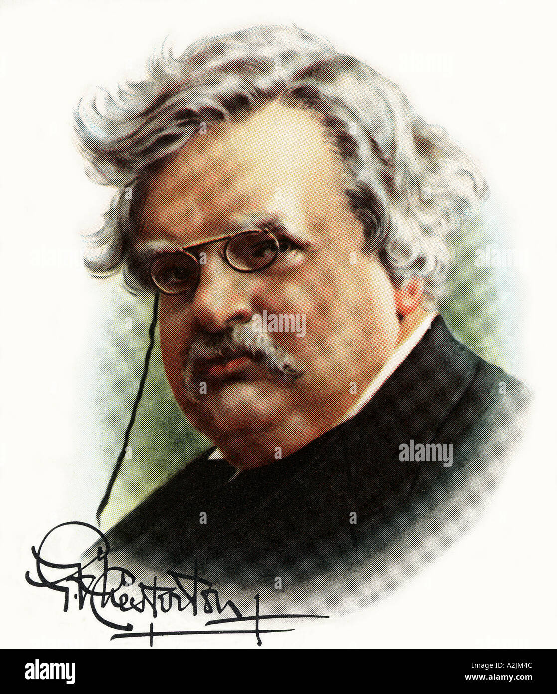 G K CHESTERTON English writer 1874 1936 as shown on a 1930s cigarette card togther with his signature Stock Photo