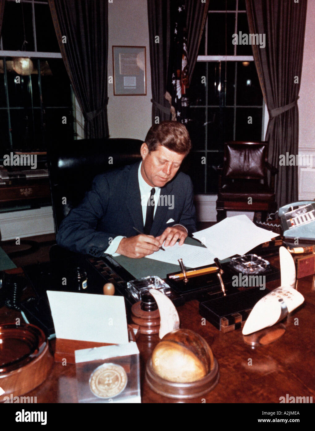 JOHN F KENNEDY in the Oval Room at the Washington White House Stock