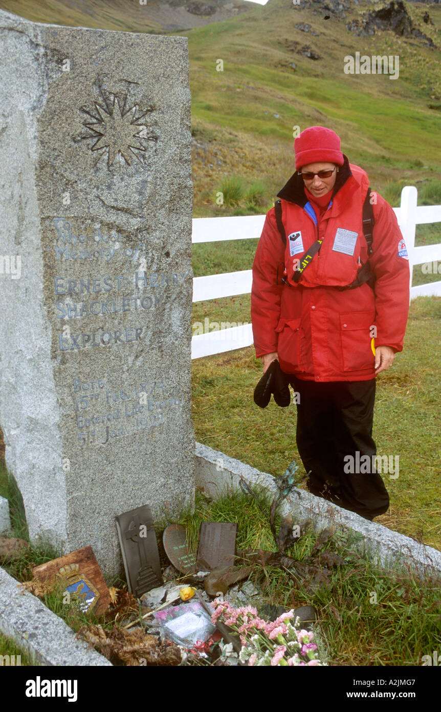 Cruise ship passenger viewing gravesite of Sir Ernest Shackleton in