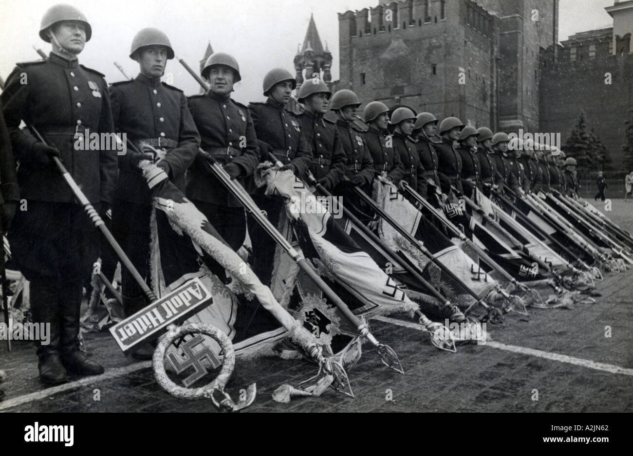 WW2 Moscow 24 June 1945 Soviet Victory Parade on Red Square included these captured German battle standards Stock Photo