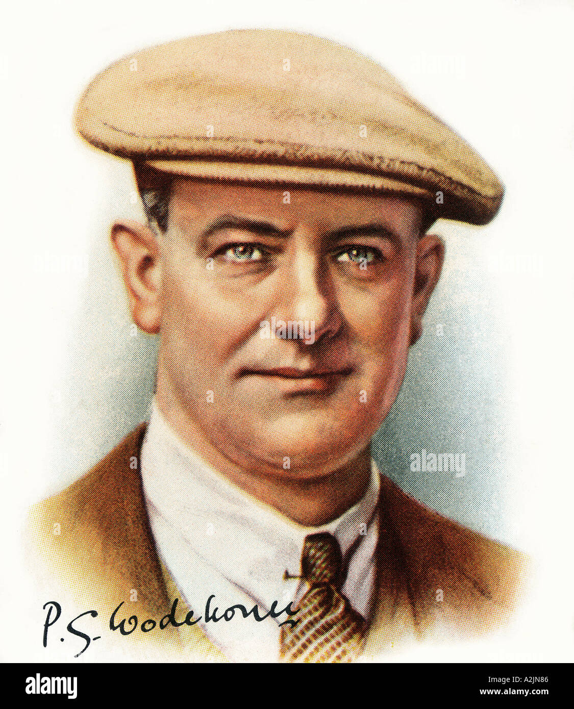 P G WODEHOUSE US humorous author born in England 1881 1975 on a 1930s cigarette card with his signature Stock Photo