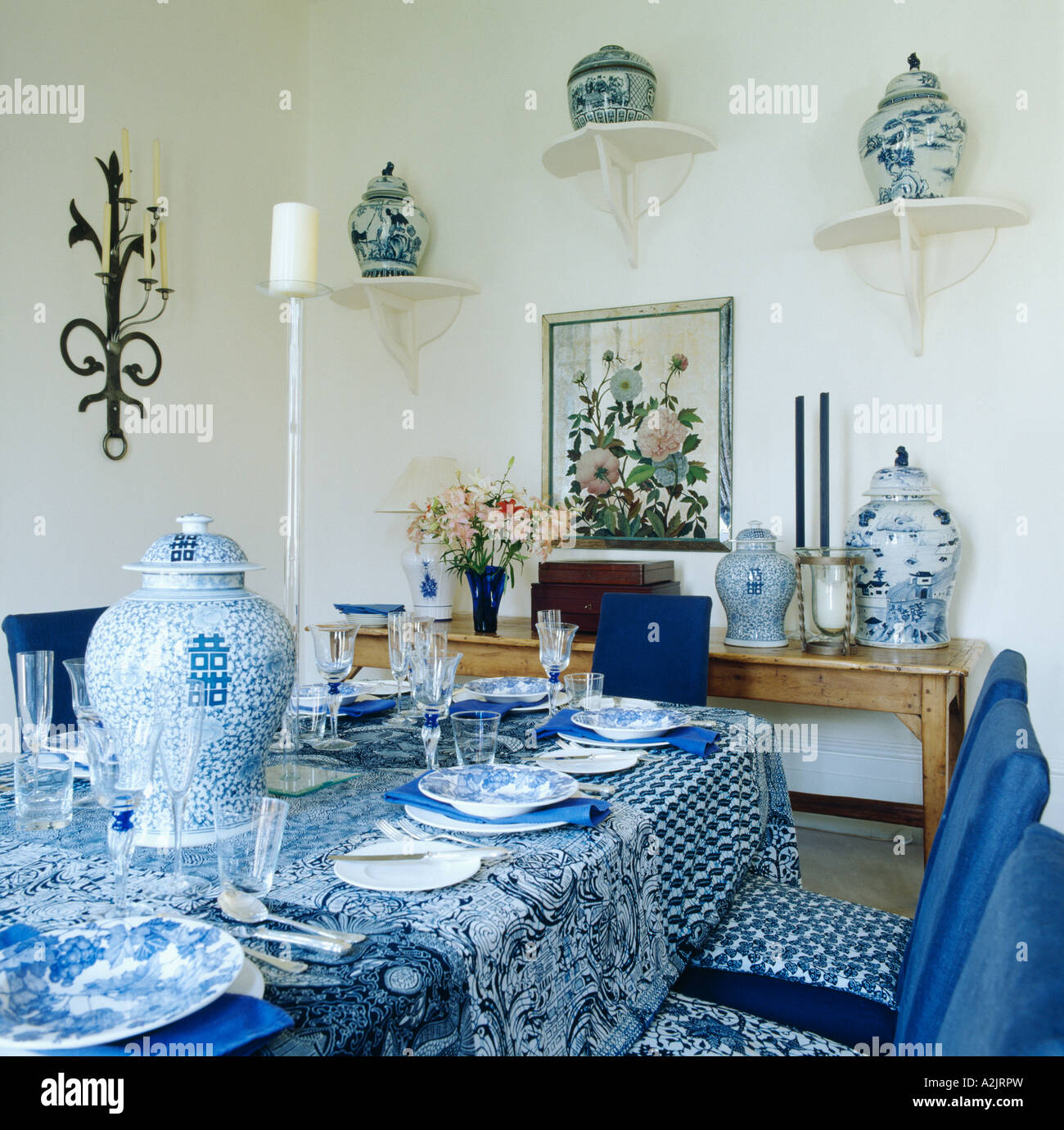 Chinese porcelain in diningroom with blue and white crockery and