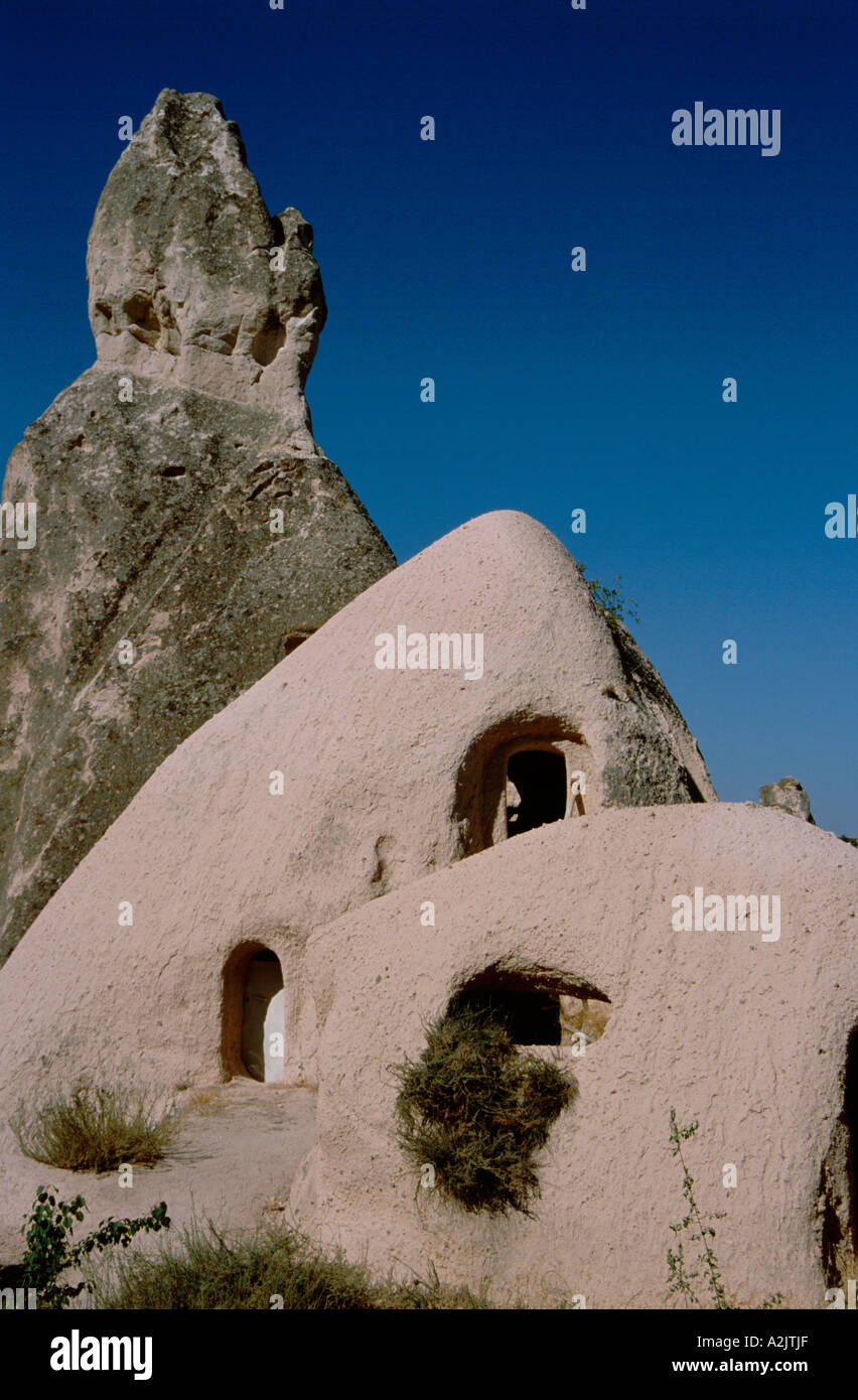 Turkey, Cappadocia. Homes built into volcanic rock formations. Over