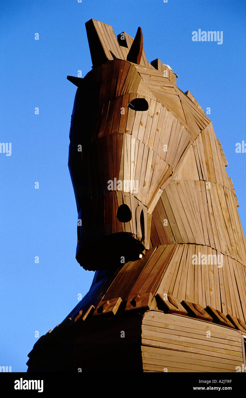 Turkey, Troy. Modern day recreation of the famous wooden Trojan Horse. UNESCO World Heritage Site. Stock Photo