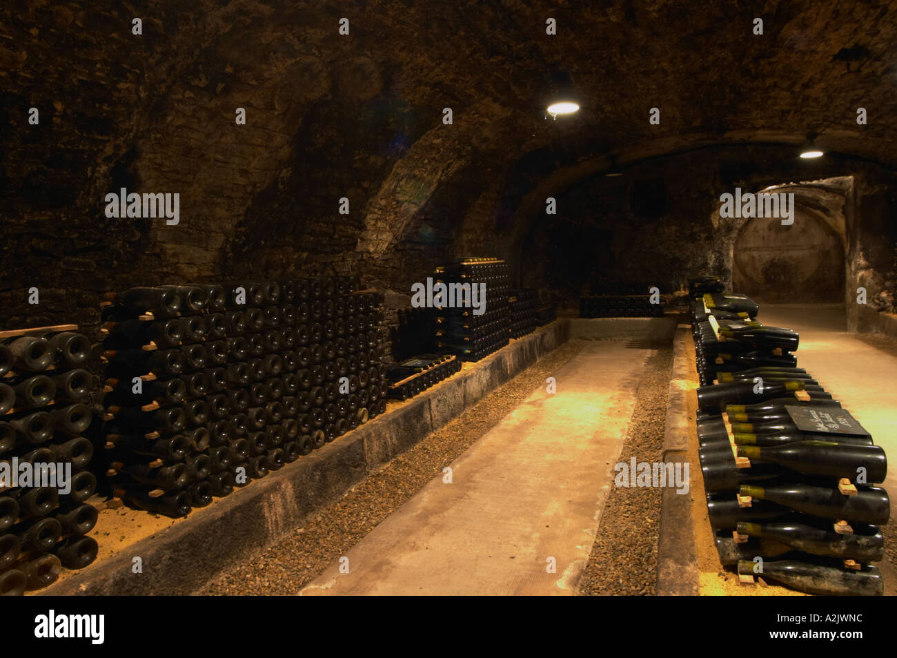 In the underground wine cellar piles of thousands of bottles Burgundy