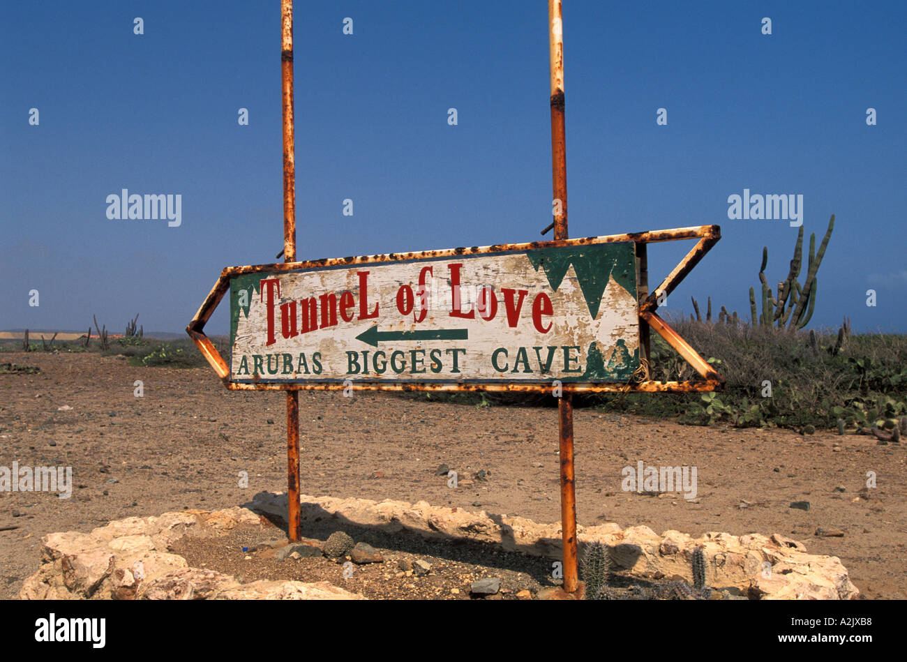 Aruba Sign Leading to Tunnel of Love Stock Photo