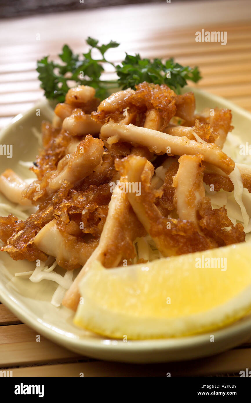 Japanese Ika Age Deep fried squid in a light crispy batter Stock Photo