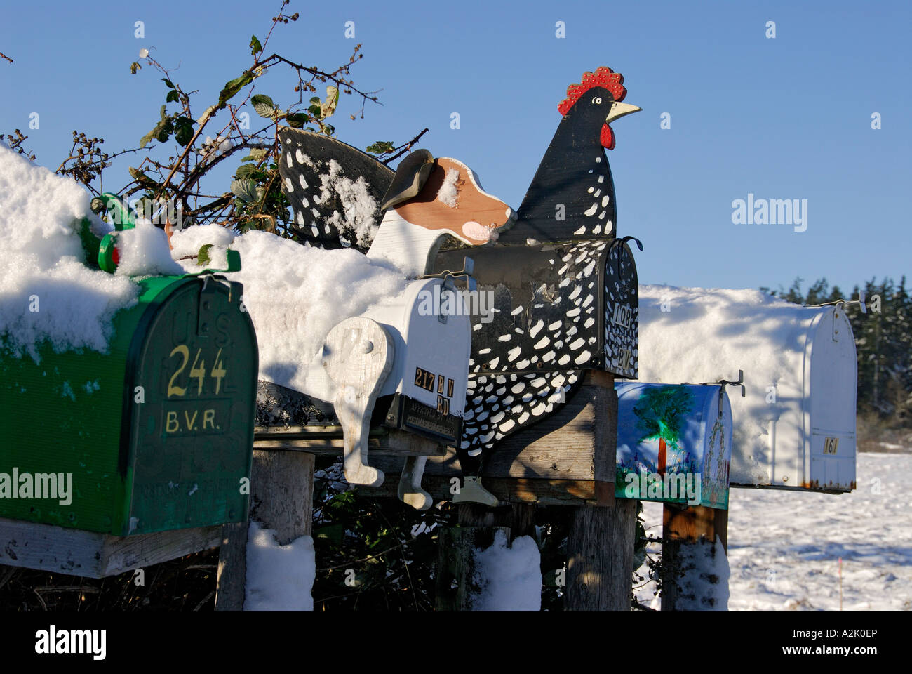 "^Decorated ^mailboxes in snow Stock Photo Alamy