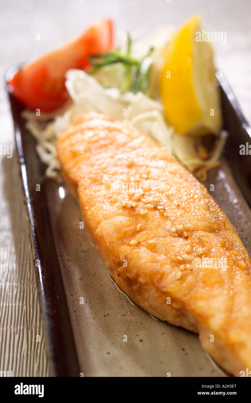 Japanese Shake Teriyaki Salmon cooked in a teriyaki sauce Stock Photo