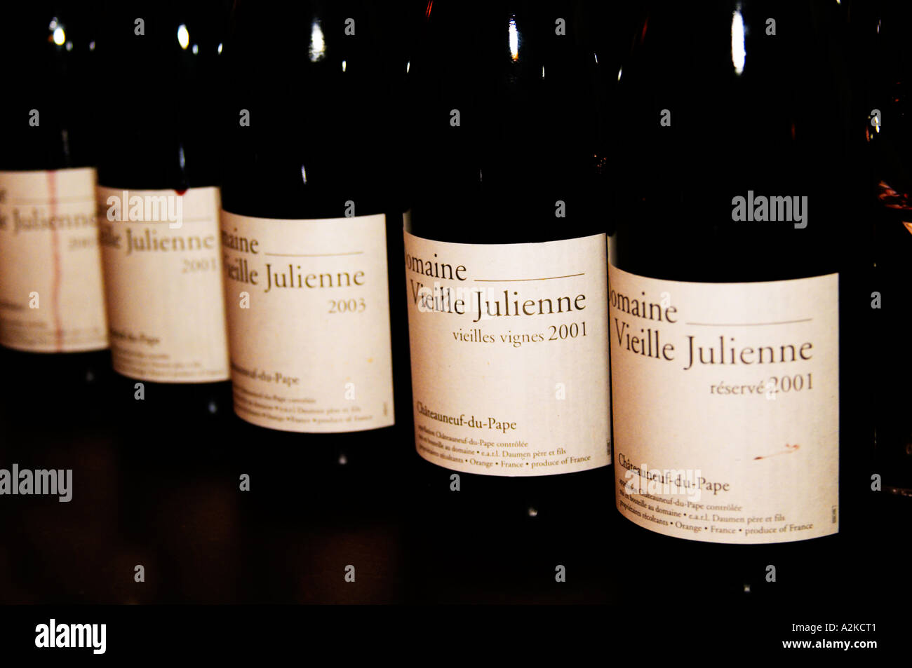 Bottles of Domaine Vieille Julienne Viellies Vignes and Reserve 2001, Chateauneuf-du-Pape, Vaucluse, Provence, France, Europe Stock Photo