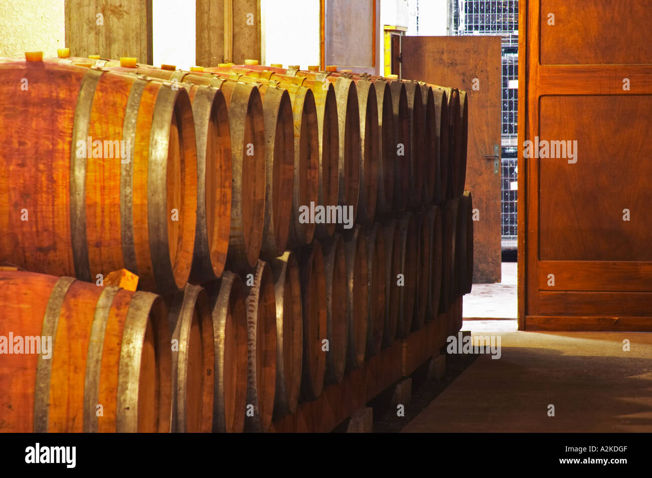 Oak barrels for aging wine in the wine cellar. Domaine Yves Cuilleron, Chavanay, Ampuis, Rhone, France, Europe Stock Photo