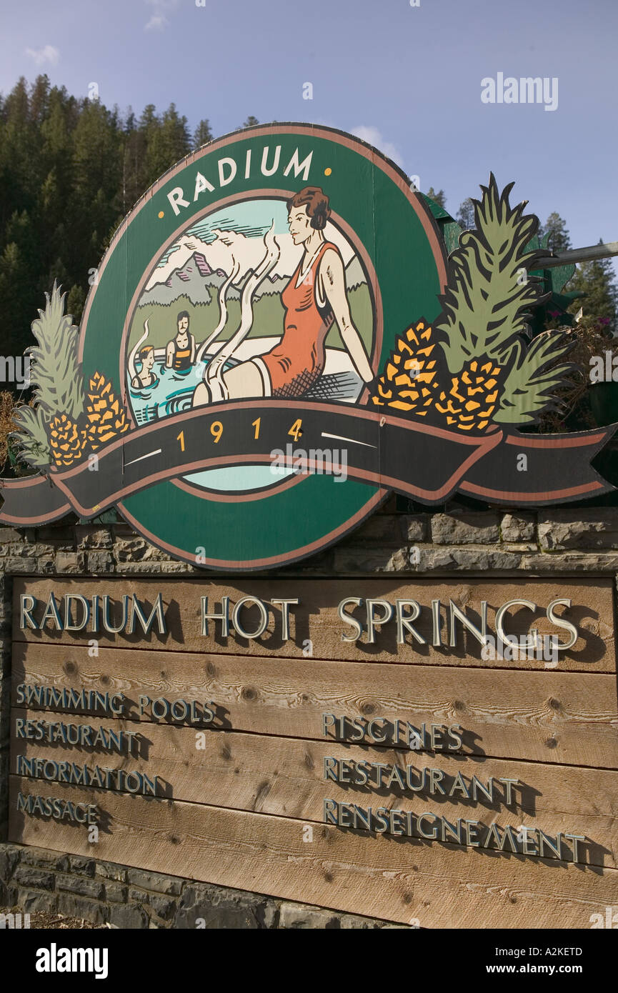 CANADA, British Columbia, The Rockies. Village of Radium Hot Springs: Resort Sign Stock Photo