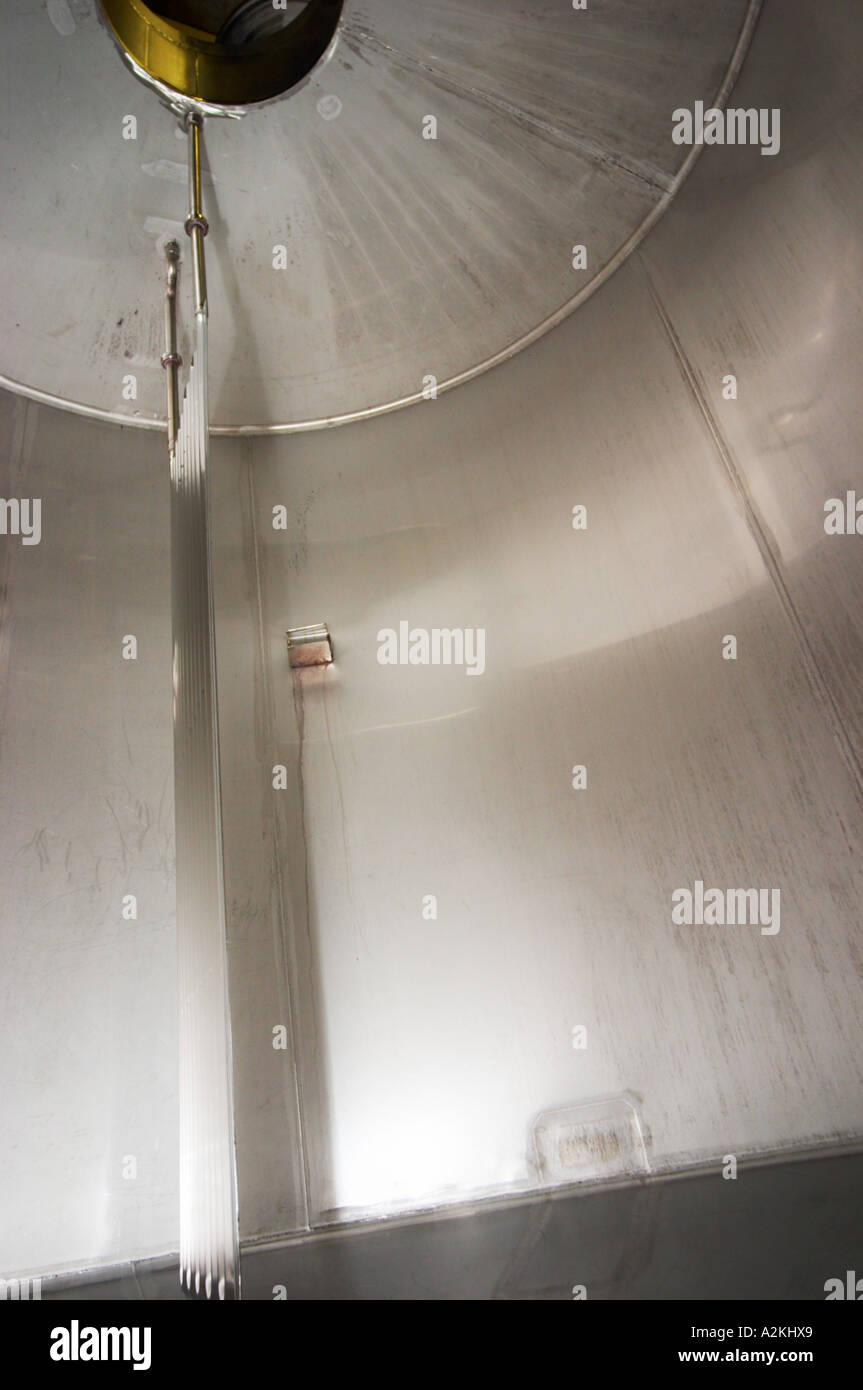 Inside a stainless steel fermentation vat. You can see the temperature controlling 'curtain' used to regulate the fermentation temperature.  Domaine Gilles Robin, Les Chassis, Mercurol, Drome, Drôme, France, Europe Stock Photo