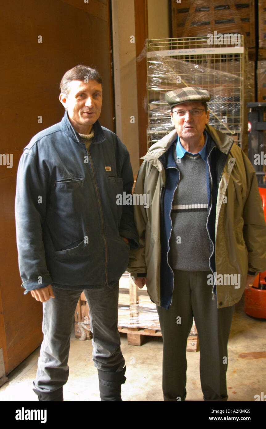 Alberic Mazoyer, co-owner and wine maker, and Alain Voge wearing a cap.  Alain Voge, Cornas, Ardeche, Ardèche, France, Europe Stock Photo
