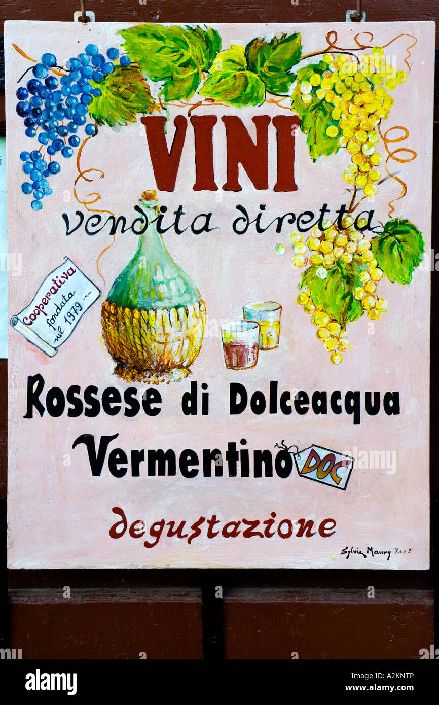 Sign of the cooperative store of typical wines producers and wine shop Dolceacqua Ligury Italy Stock Photo