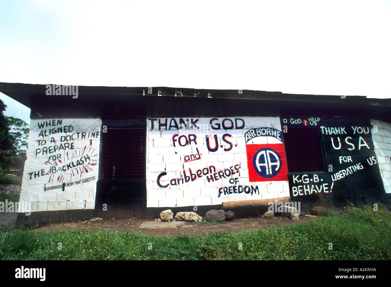 Signs saying thanks to the USA for 1980s where USA rescued Grenada from invasion in Caribbean Stock Photo