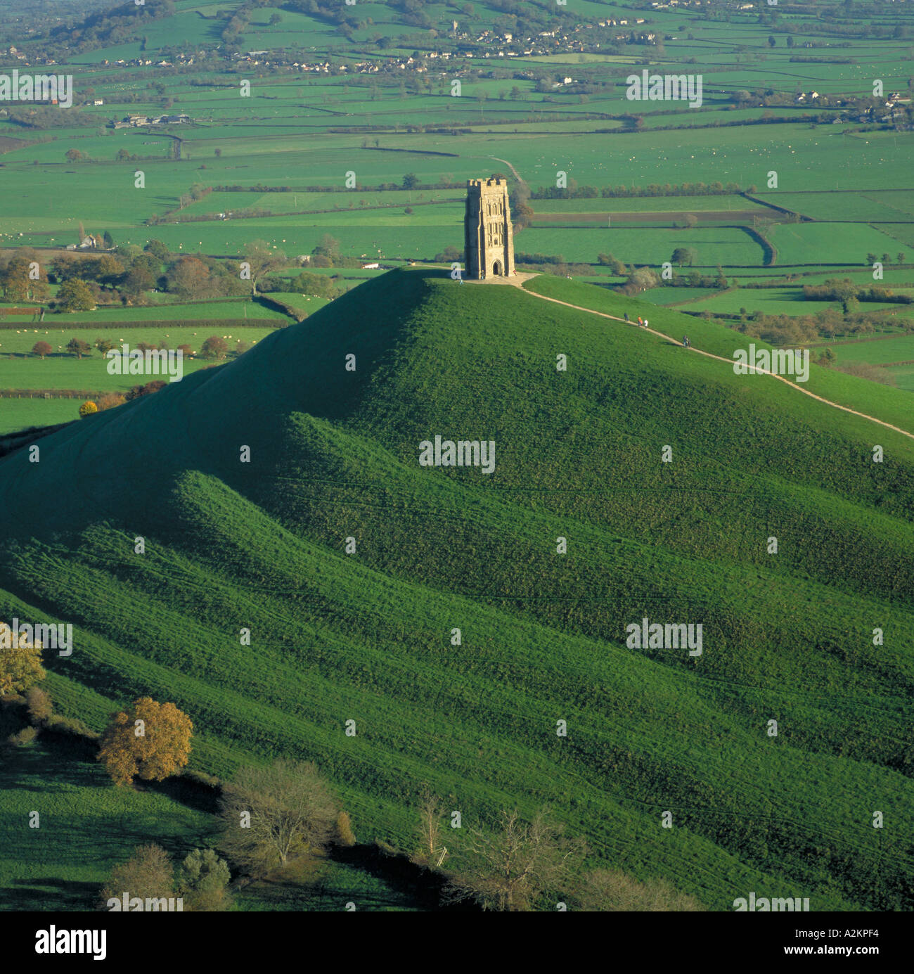 Glastonbury Tor with church Somerset UK aerial view Stock Photo