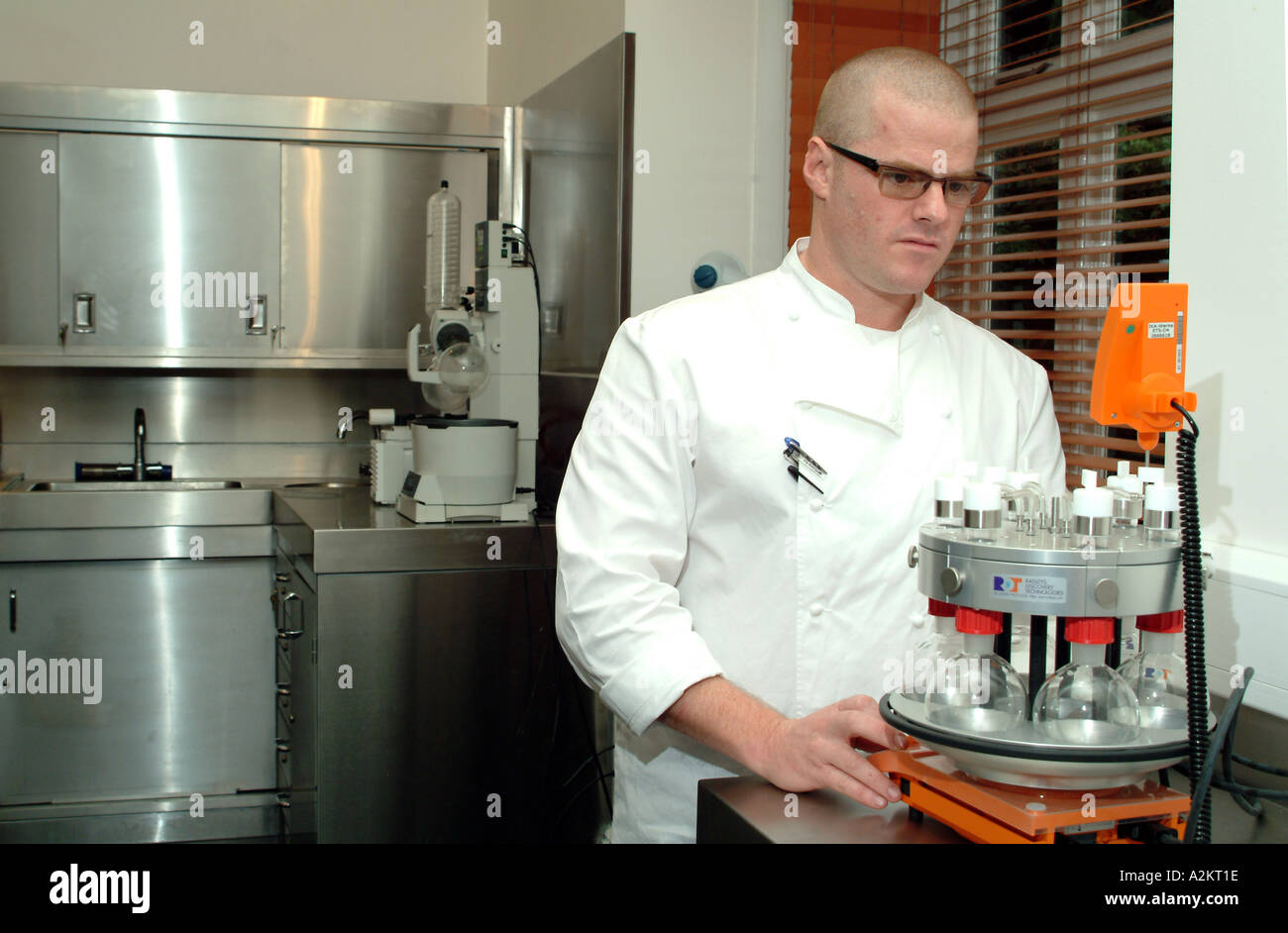 Heston Blumenthal well known three Michelin star chef working in his food development laboratory in Bray Berkshire southern En Stock Photo