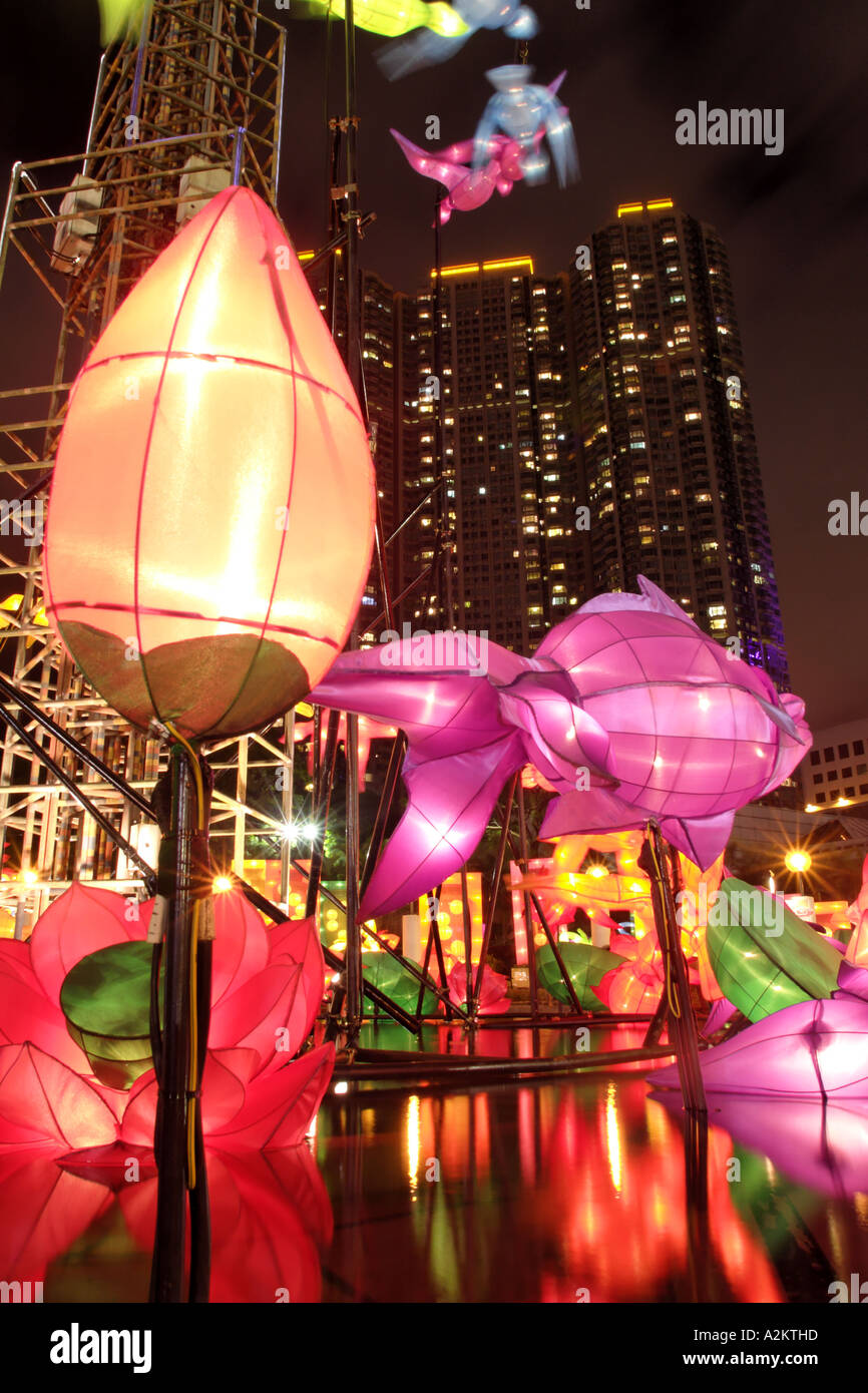 Illuminated lanterns above pond in celebration of Mid Autumn Festival ...