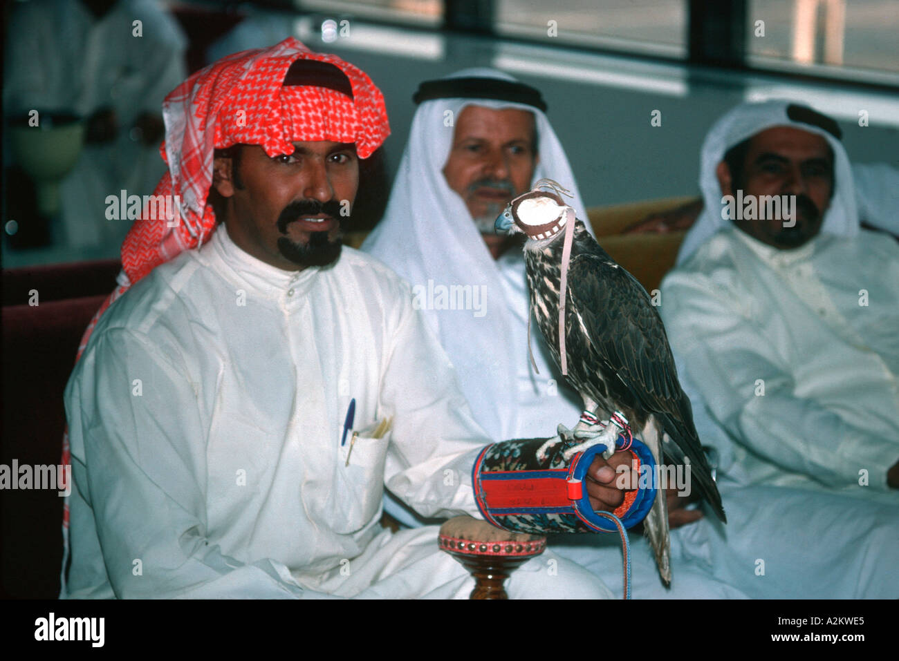 Arab falconer with hooded falcon Bahrain Airport Middle East Stock Photo