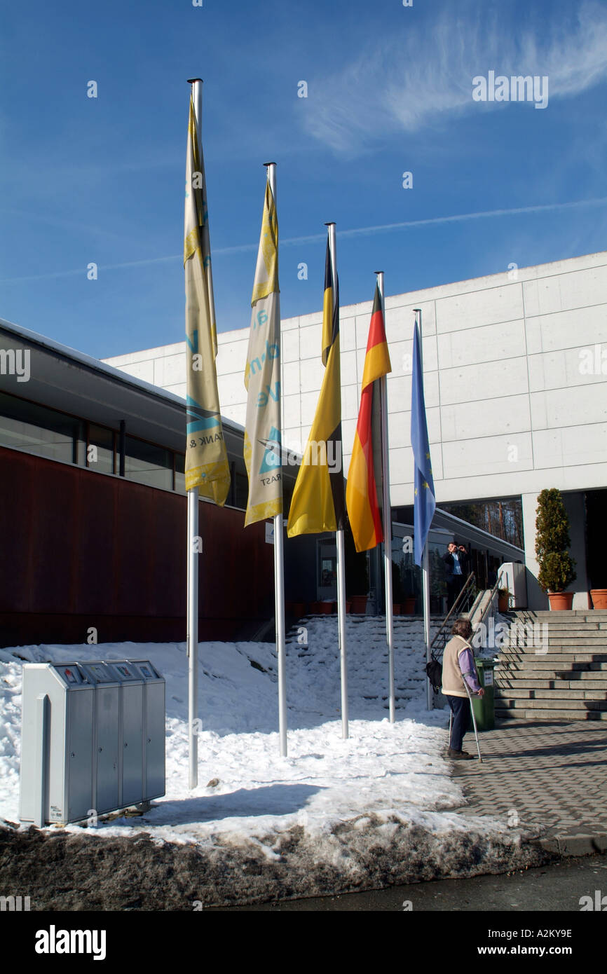 European flags outside a autobahn service station. Stock Photo