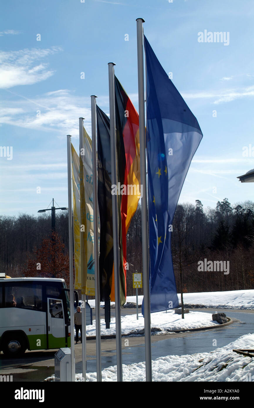 European flags outside a autobahn service station. Stock Photo