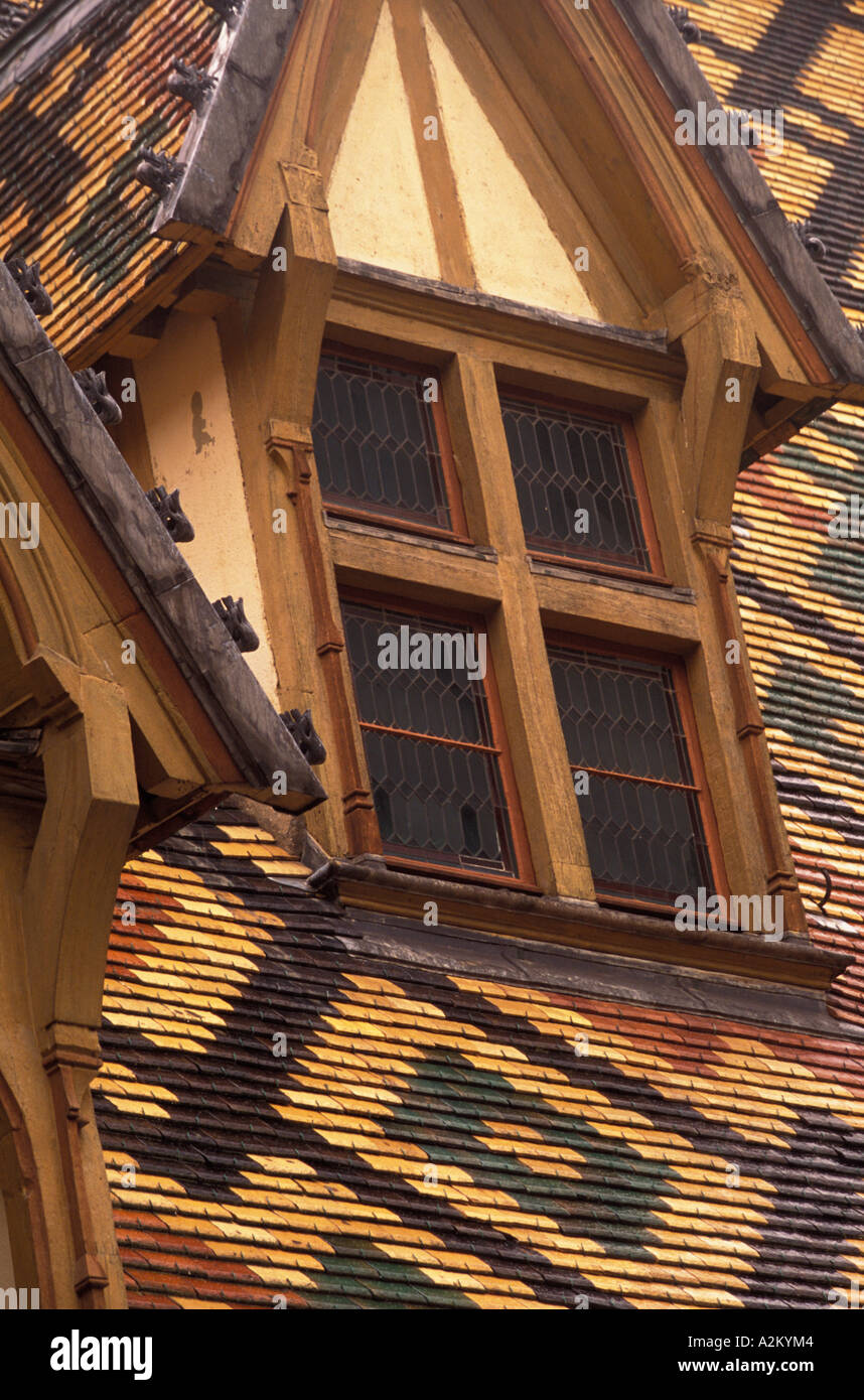 EU, France, Burgundy, Cote d'Or, Beaune. Tiled roofs of the Hotel Dieu ...