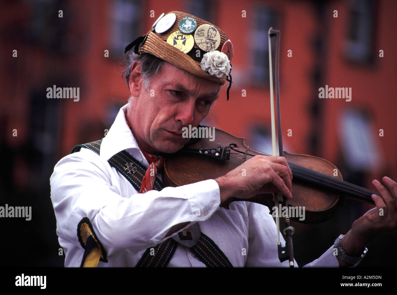 Fiddler accompanying Morris dancers on a visit to Ireland Stock Photo