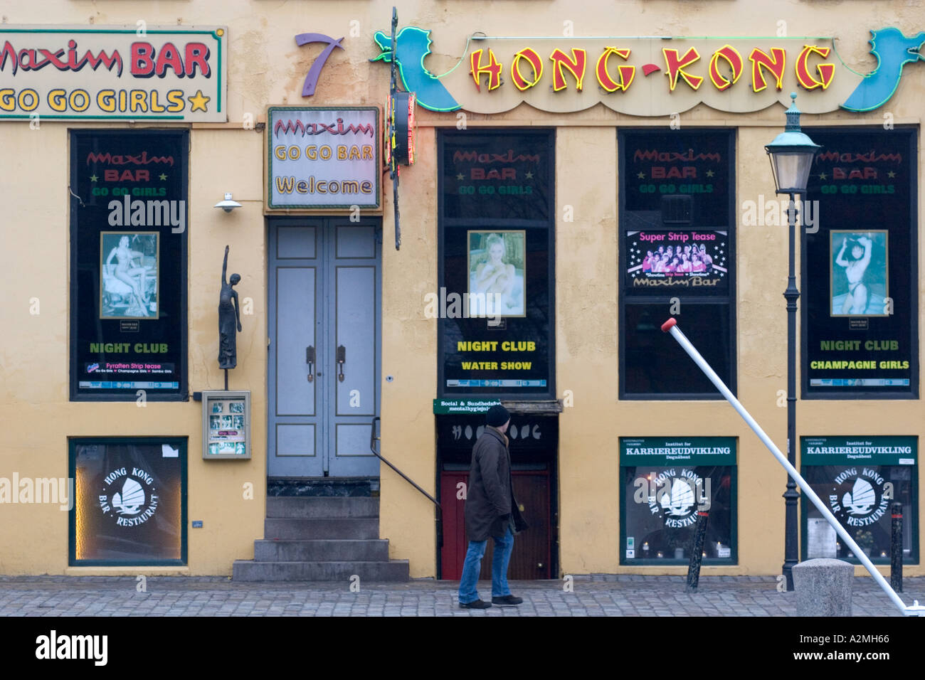 Strip club on Nyhavn street in Copenhagen Stock Photo. 