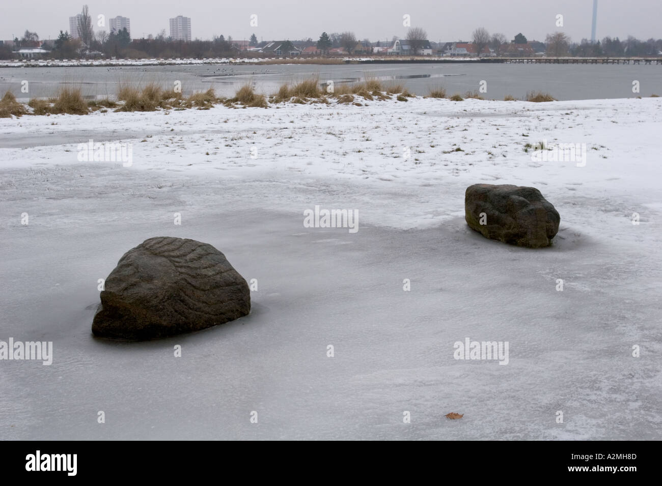 Rocks On Snowy Beach In Brondby Strand South Of Copenhagen Stock Photo ...