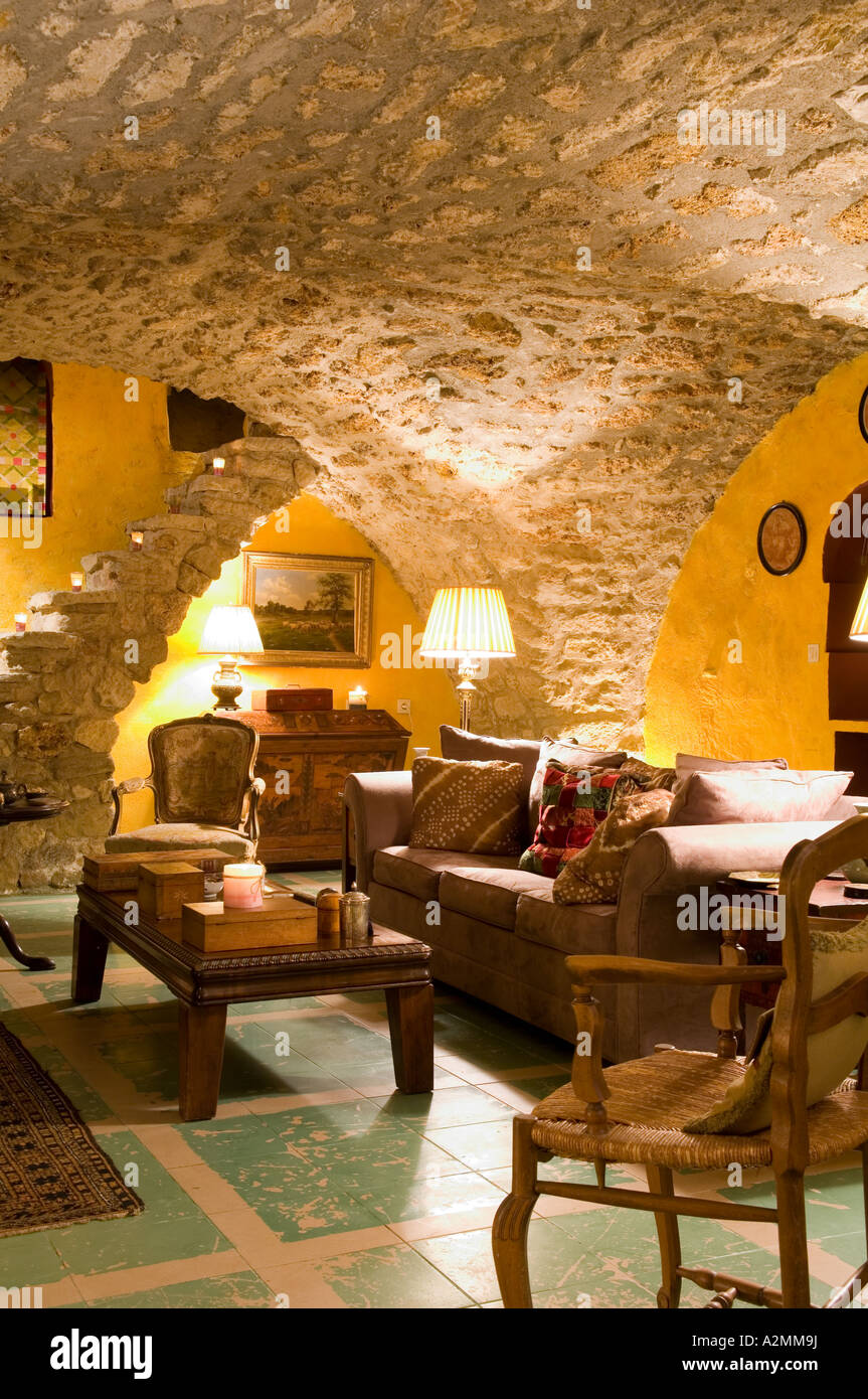 Sitting room with vaulted ceiling in French medieval villa Stock Photo
